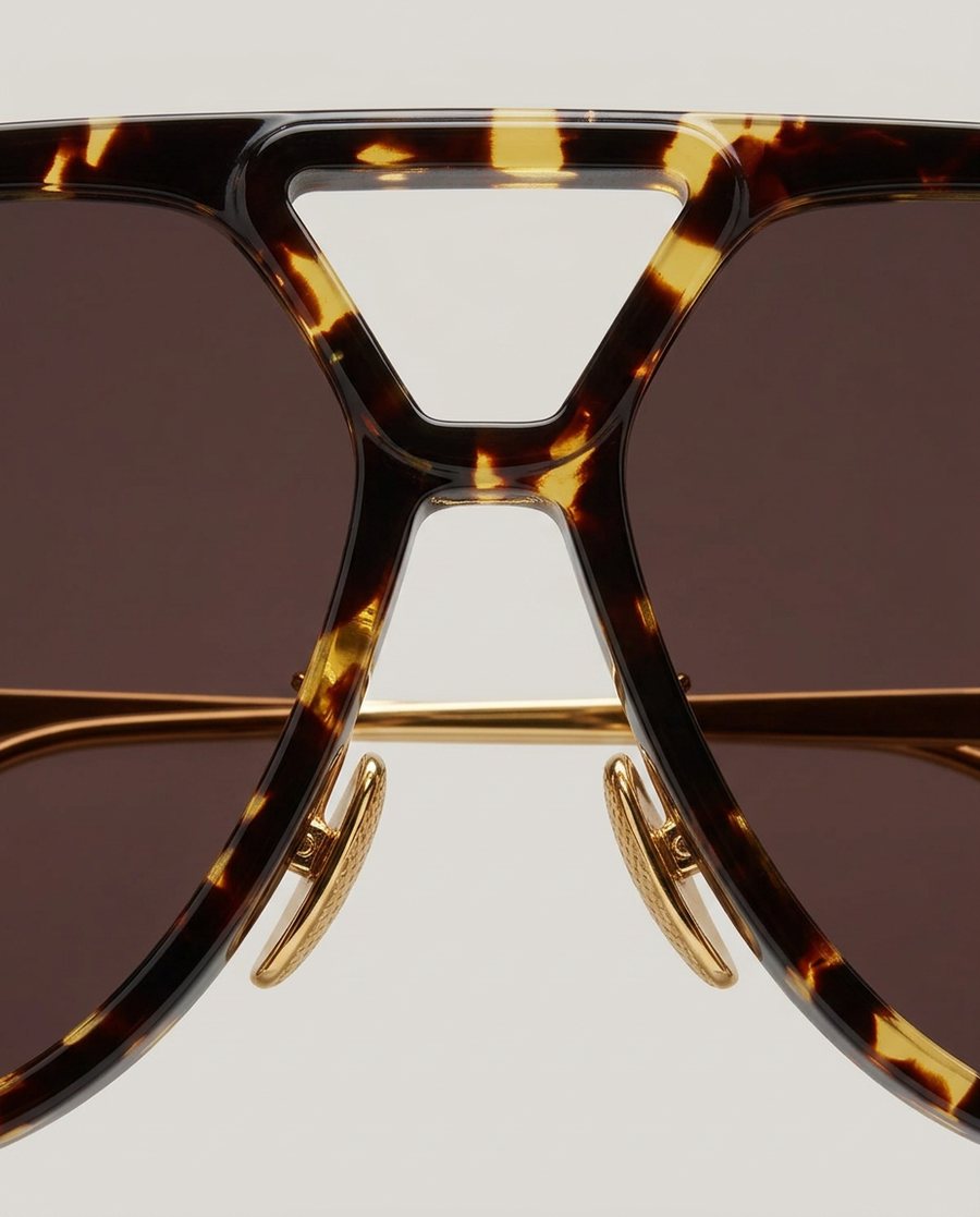 Macro close-up of the bridge of the sunglasses showing the tortoiseshell acetate grain and the gold bar