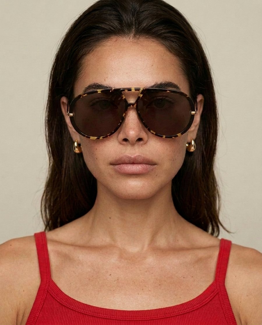 A model in a red tank top wearing the tortoiseshell aviator sunglasses, photographed straight on and cropped to her collarbones