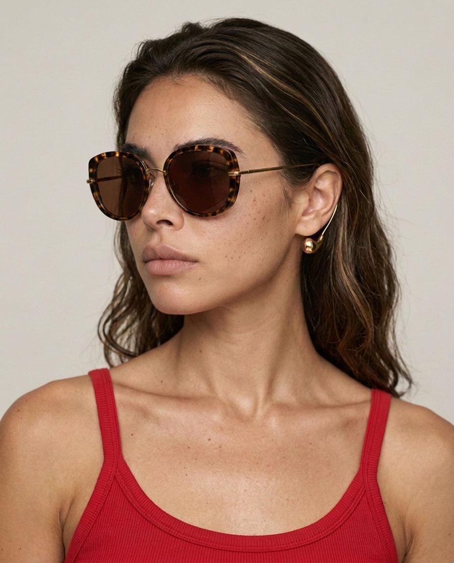 The same model with her head turned to the side, wearing the tortoiseshell sunglasses with the gold arm visible along her temple
