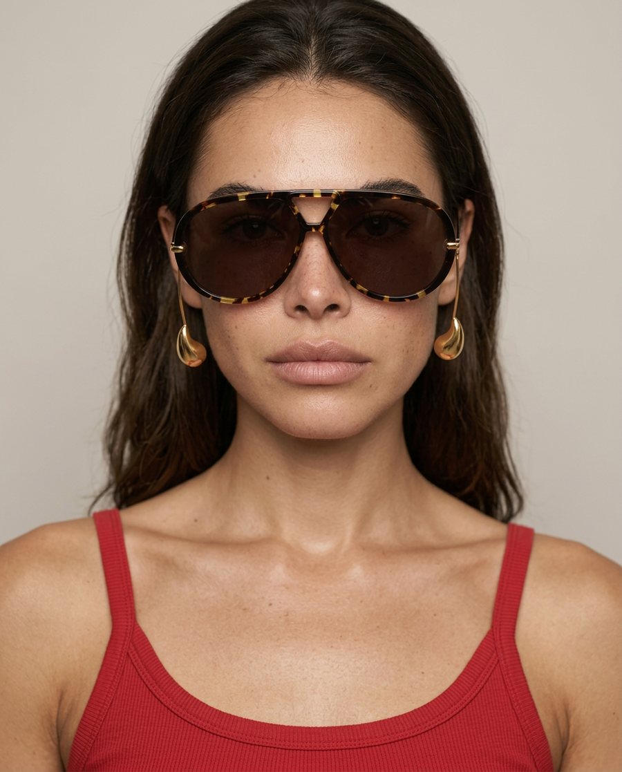 A model wearing sunglasses where the gold arms sit in front of her ears instead of over them