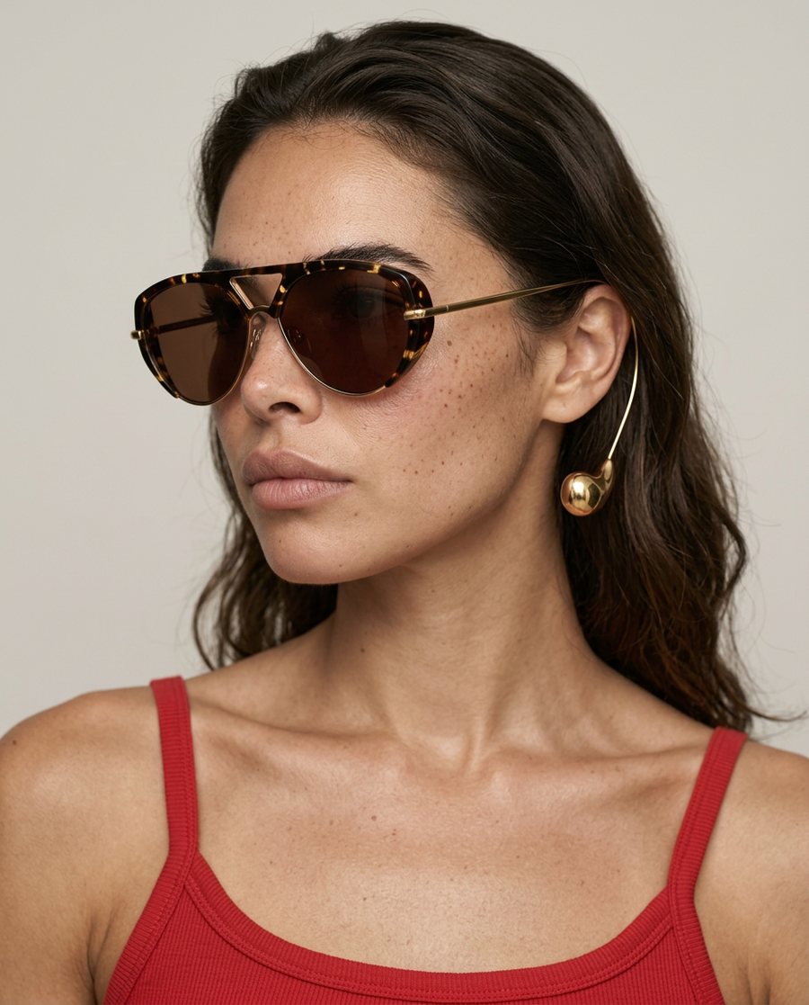 A model at an angle wearing sunglasses whose gold tips are oversized and hang down past her jaw