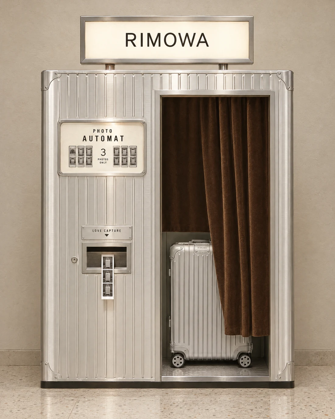 Silver grooved photo booth with a RIMOWA suitcase, before promotional copy was added.