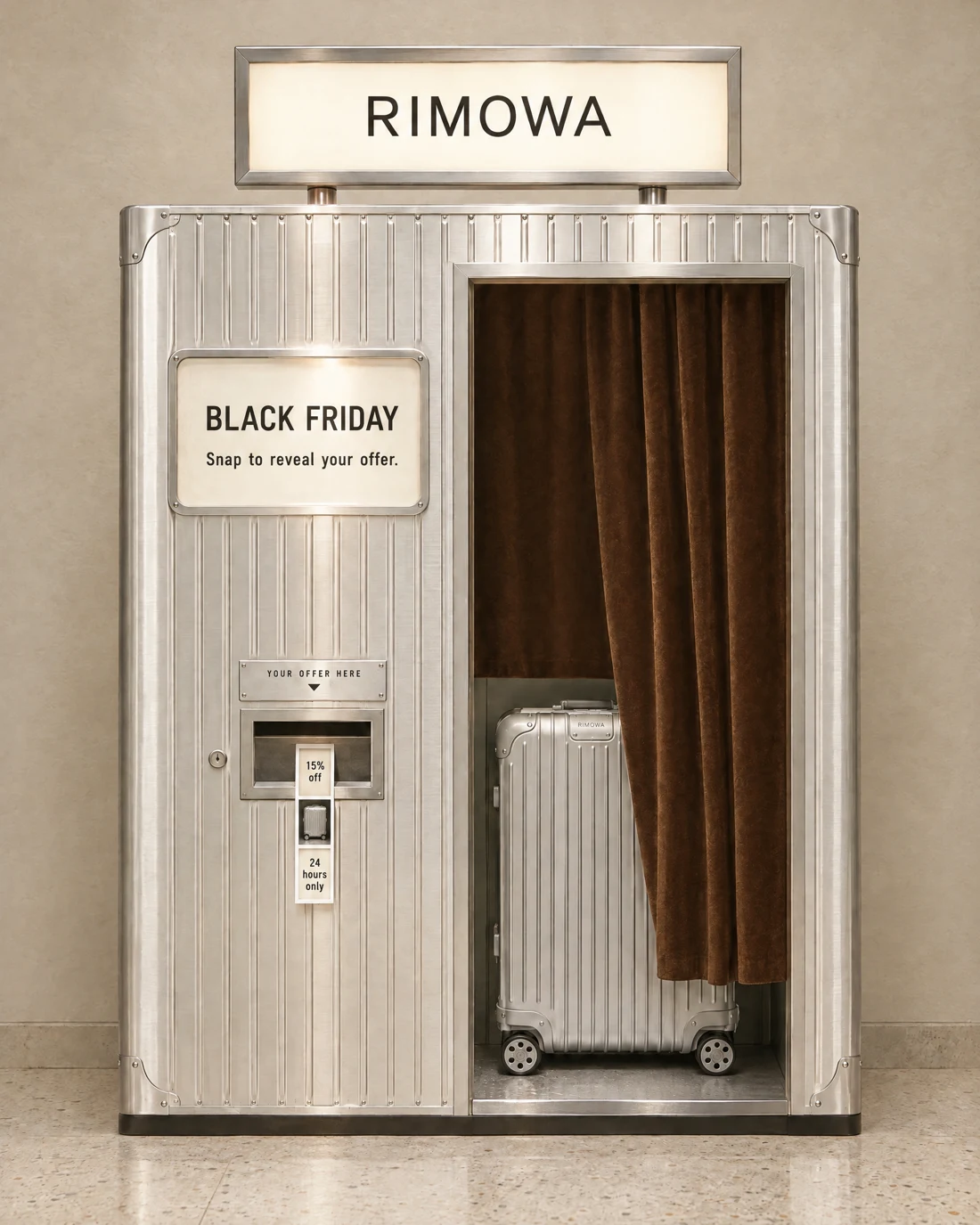 Silver photo booth with Black Friday copy and a strip showing 15% off, the suitcase, and 24 hours only.