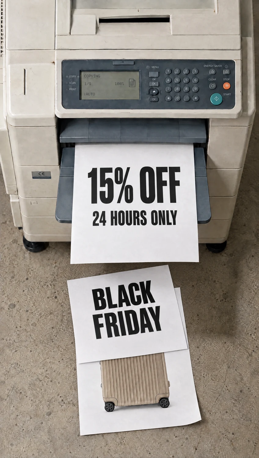 Offer paper emerging from the same printer, with overlapping Black Friday and suitcase sheets below.