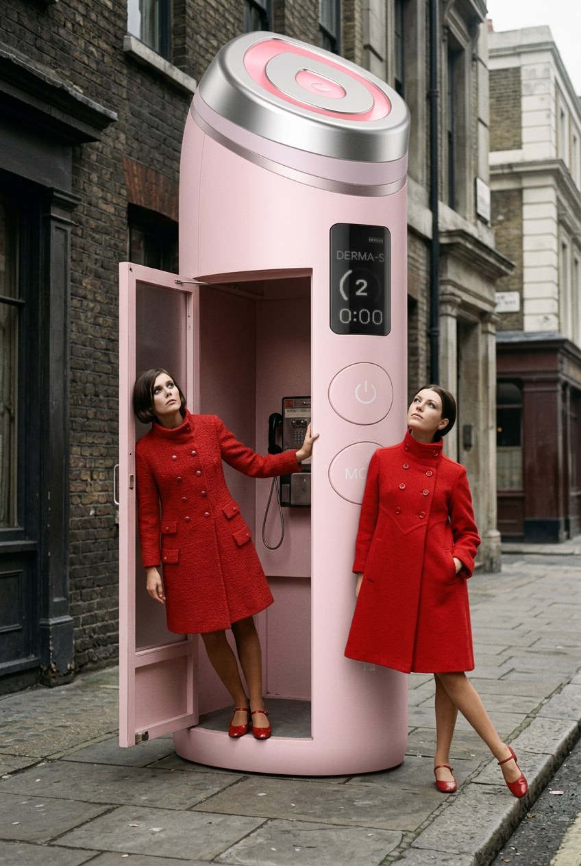 Two fashion models in red coats stand beside a giant pink Medicube device shaped into a telephone booth.