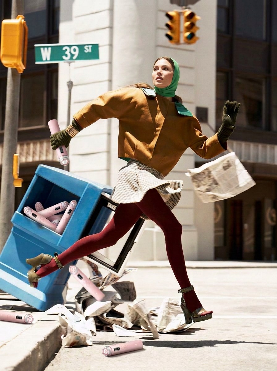 A model in an ochre jacket and green scarf carries a pink Medicube device beside a blue dispenser filled with more devices.