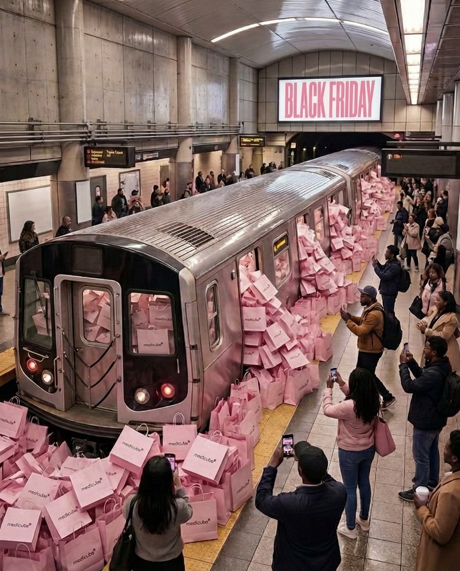 A subway train overflows with pink Medicube shopping bags beneath a Black Friday sign.