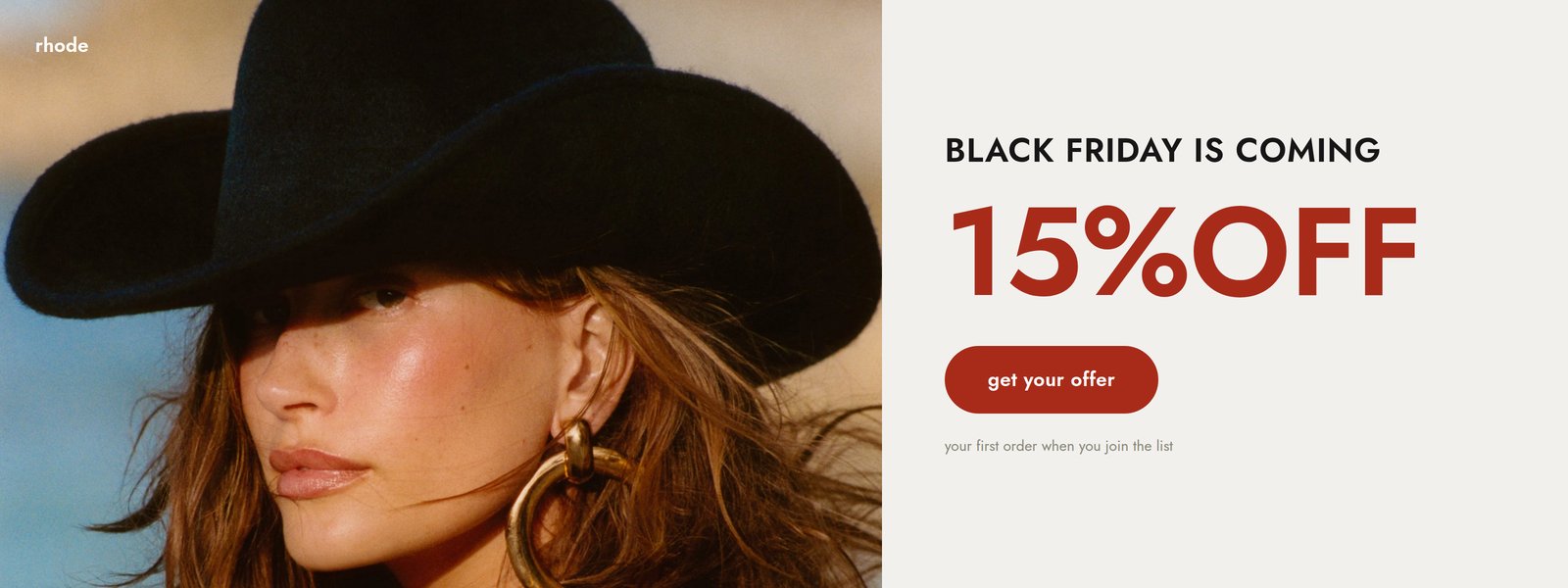 Black Friday campaign site banner with a full bleed editorial photo on the left and a cream panel on the right reading Black Friday is coming, 15 percent off in red, and a get your offer button