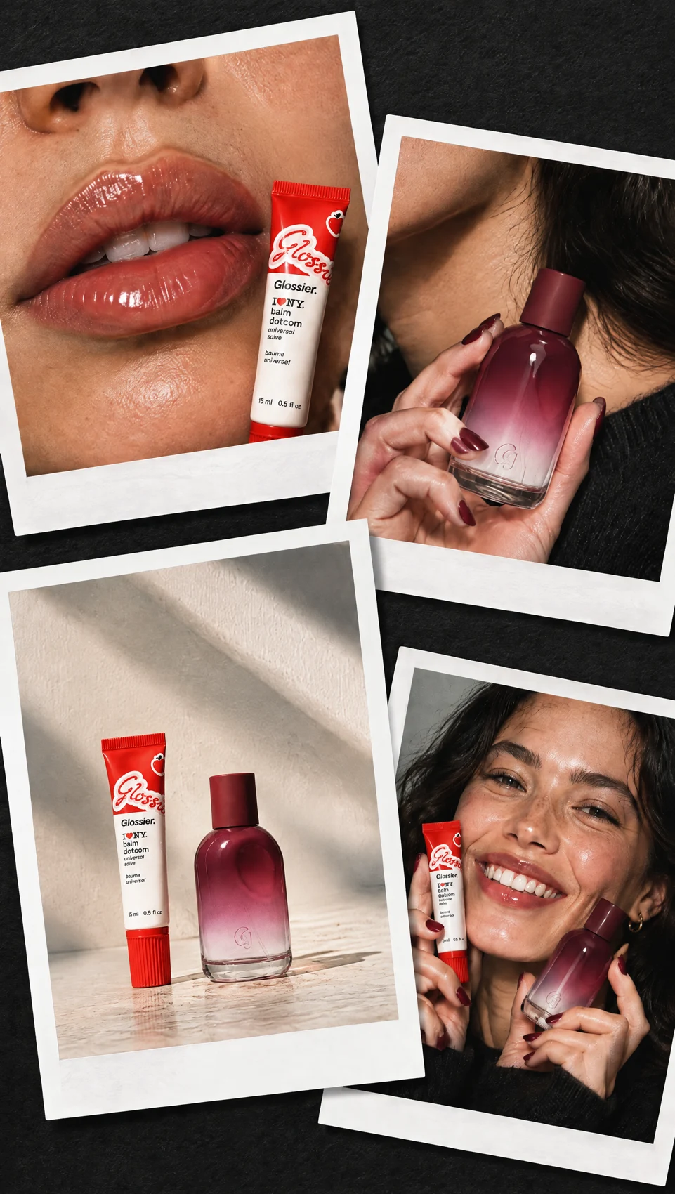 Glossier campaign example: instant-photo collage featuring the fragrance and balm