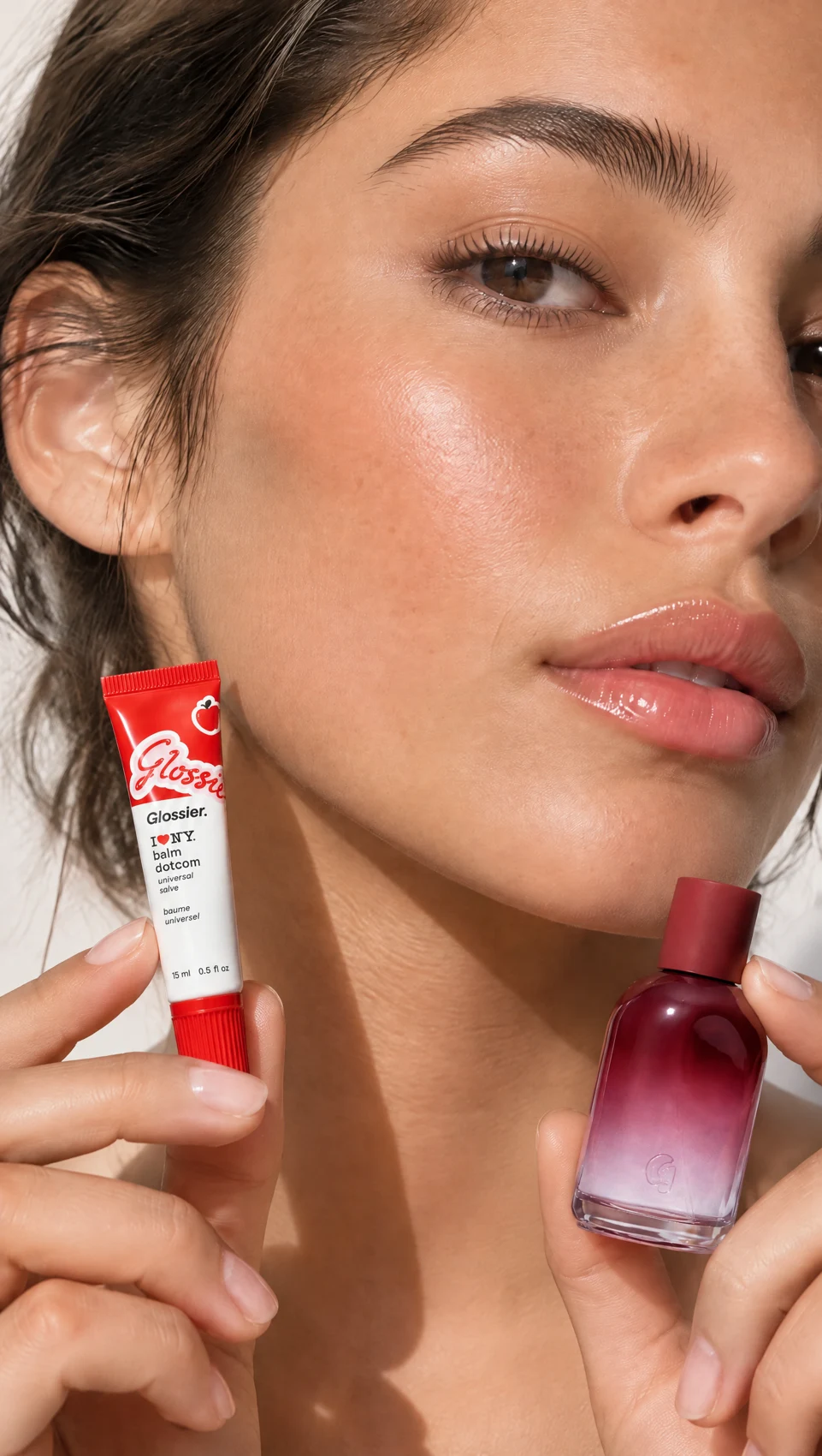 Glossier campaign example: beauty portrait featuring both products