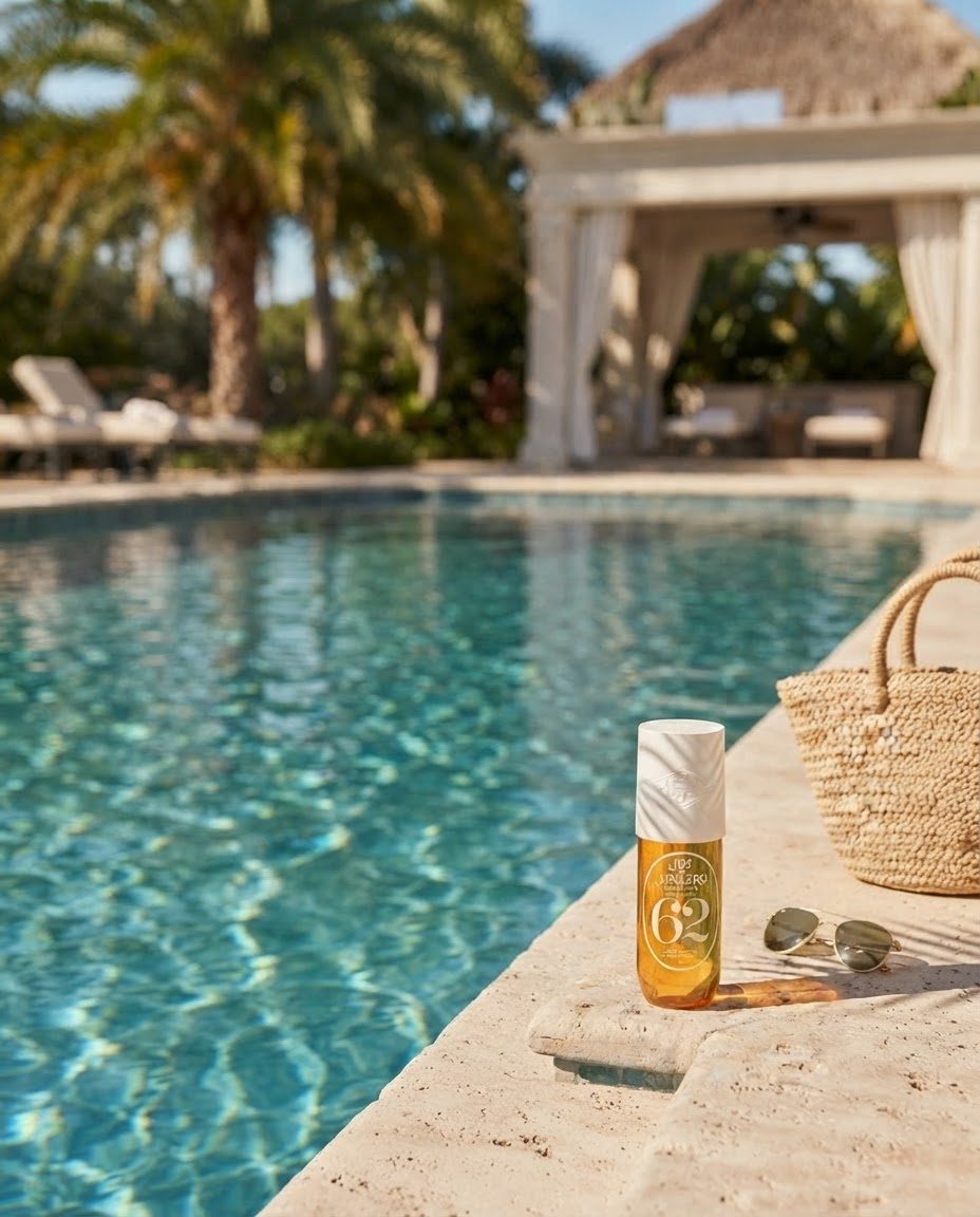 Fragrance mist bottle on a sunlit poolside ledge, turquoise pool water reflections, palm shadow
