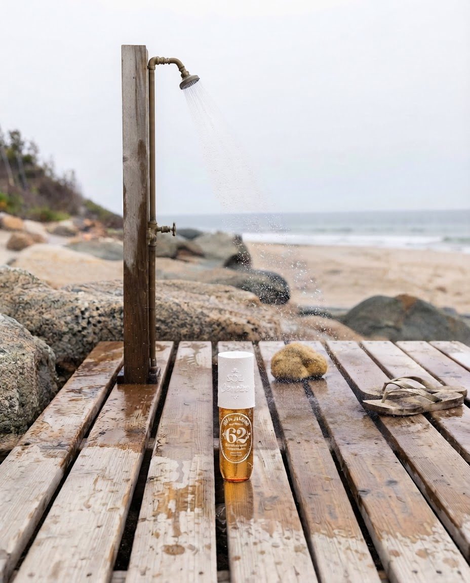 Fragrance mist bottle on the wet wooden deck of an open-air outdoor beach shower, water spraying, rocky coastline