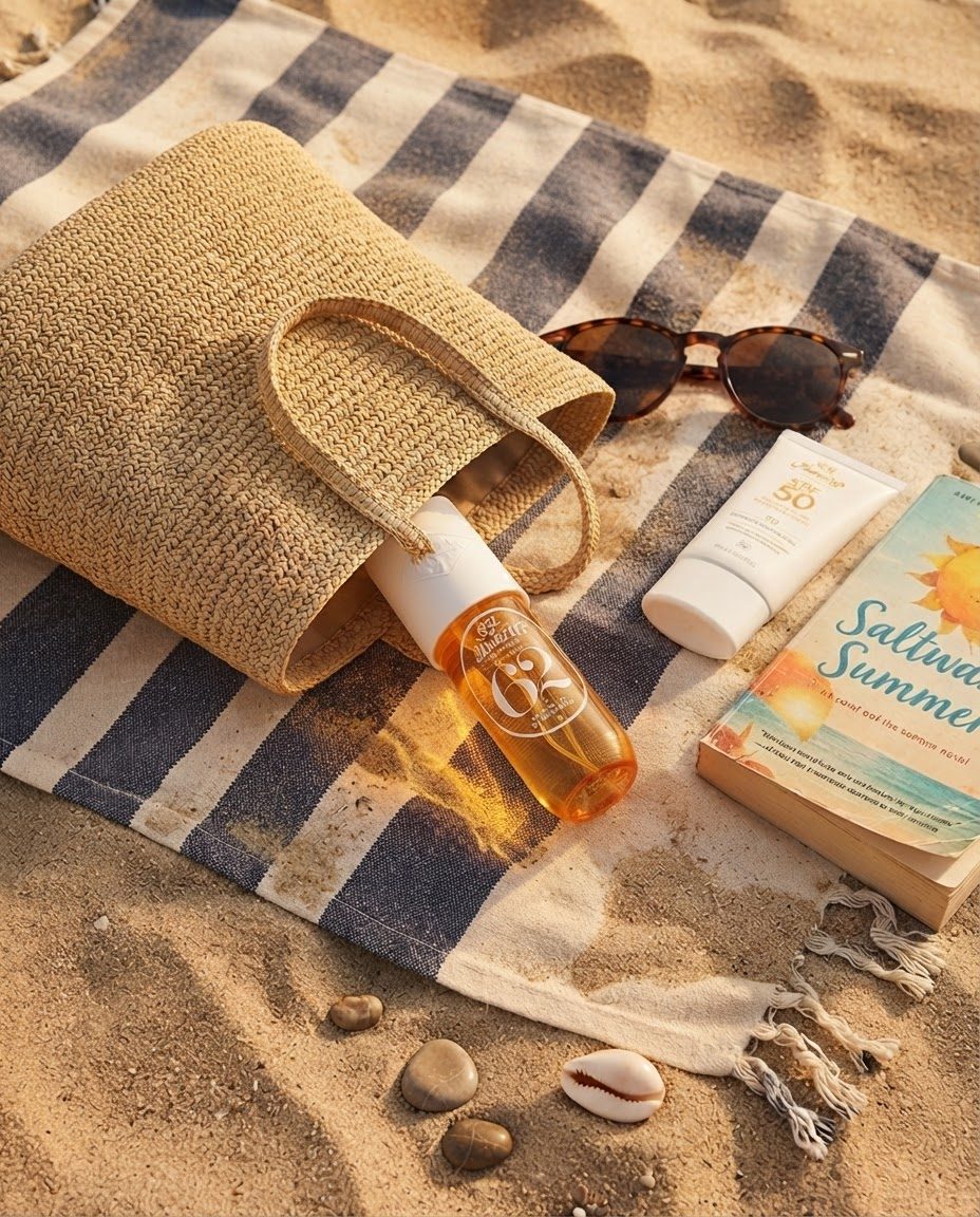 Fragrance mist bottle spilling out of a straw beach tote onto a striped towel with sunglasses, sunscreen, and a book