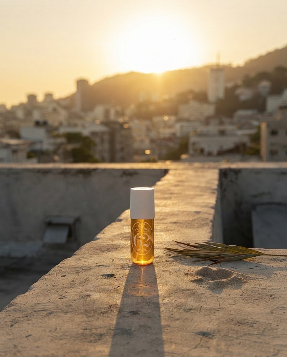 Fragrance mist bottle on a rooftop ledge at golden sunset with a hillside city skyline silhouette