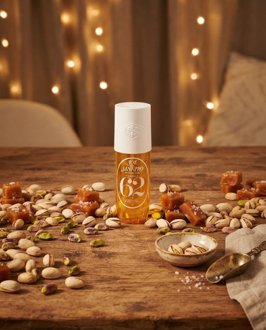 Fragrance mist bottle styled on a wooden tabletop surrounded by pistachios and salted caramel referencing the product's own scent notes