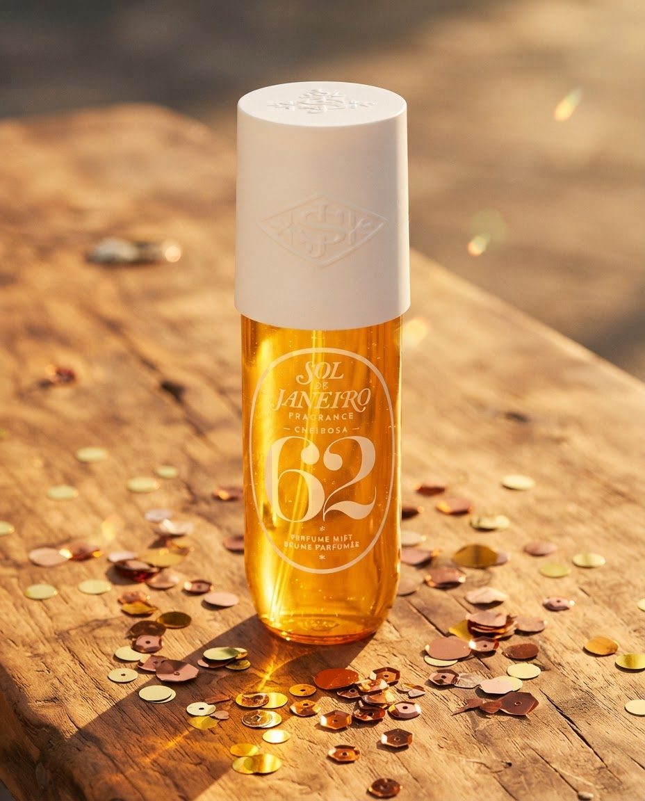 Fragrance mist bottle on a sun-warmed wooden surface scattered with warm-toned confetti and sequins