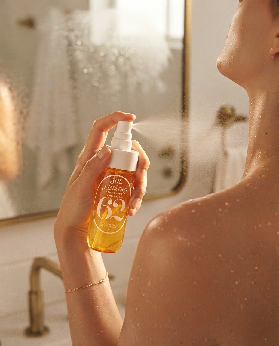 Fragrance mist bottle held mid-spritz near bare shoulders in front of a softly fogged bathroom mirror