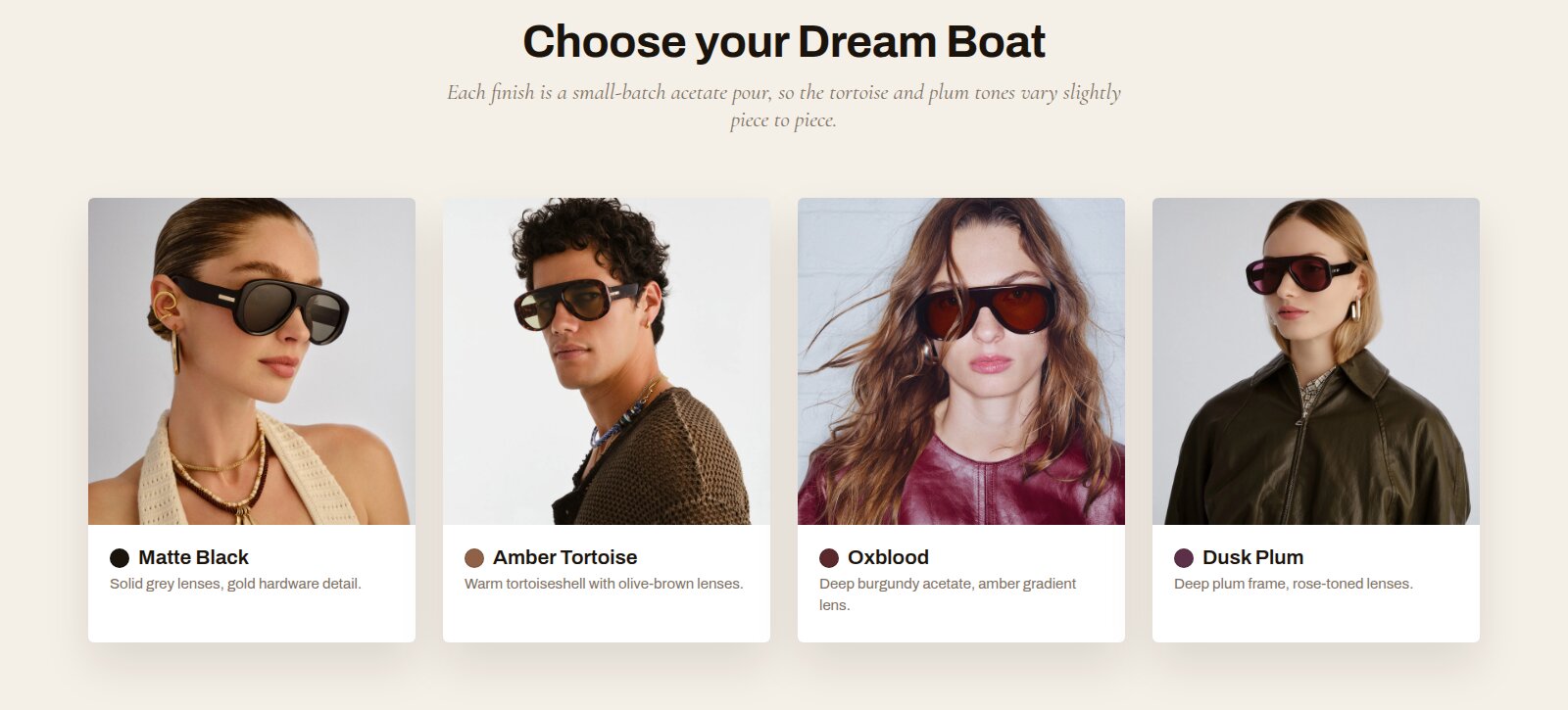 Section of the Dream Boat waitlist page titled Choose your Dream Boat, showing a four-across grid of the matte black, amber tortoise, oxblood, and dusk plum finishes