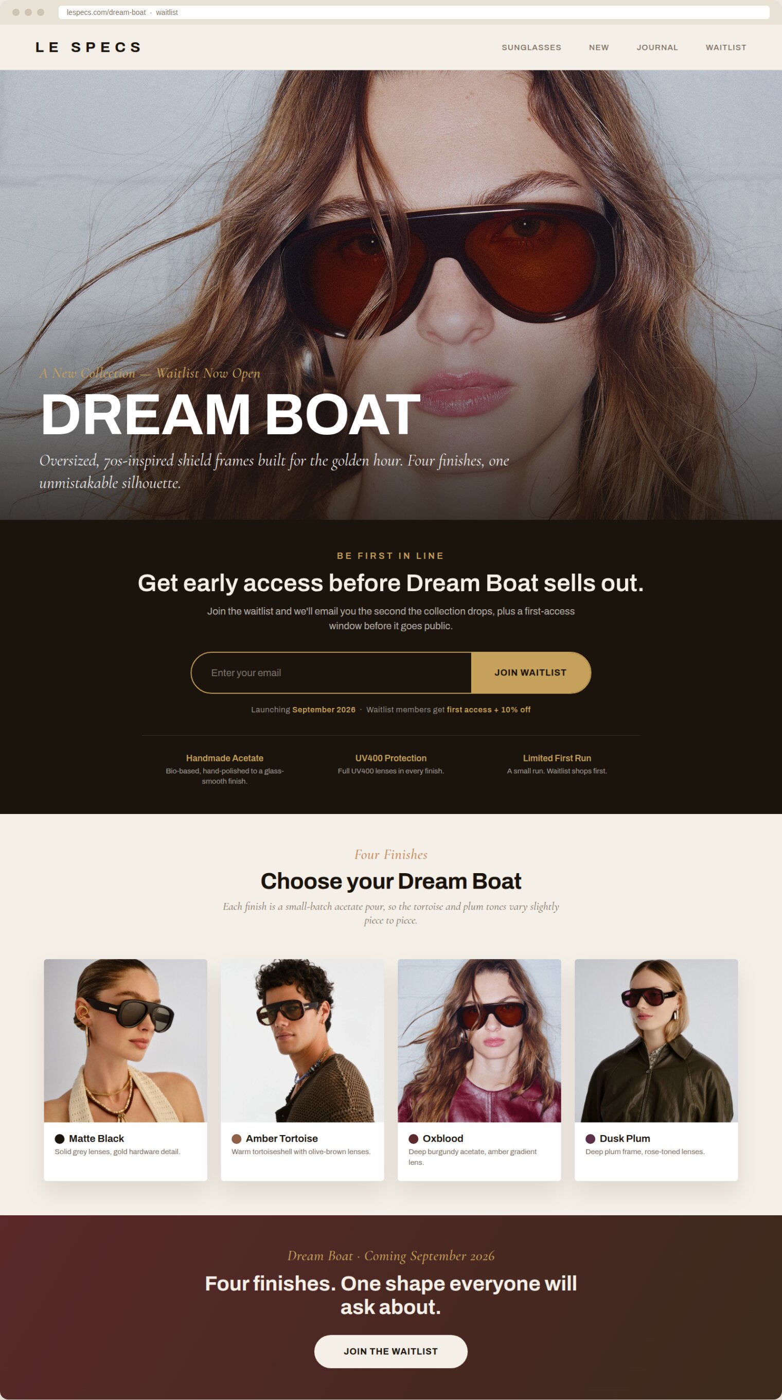 Browser mockup of the complete Dream Boat sunglasses waitlist page, top to bottom: hero photo with the Dream Boat headline, a dark signup band with the launch date and offer, a four-across finishes grid, and a closing call to action