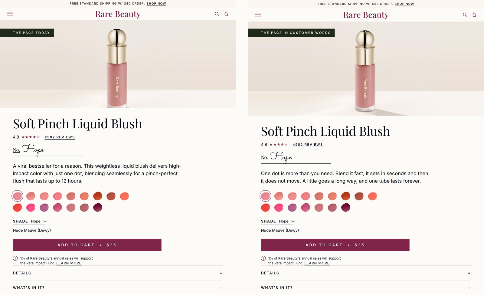 The same product page shown twice side by side, on the left the live brand written description, on the right the same page rewritten in the language customers use in their reviews