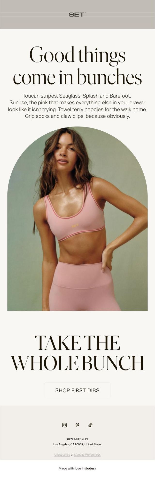 Email design with the headline Good things come in bunches, over a photo of a model in a pink activewear set against a green backdrop