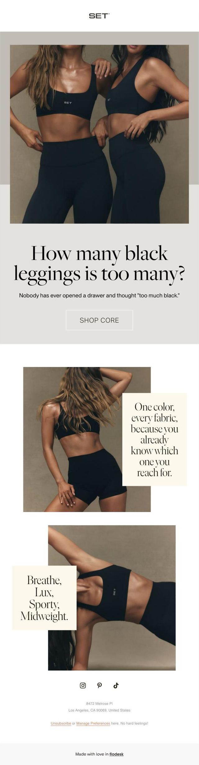 A designed activewear email with the headline How many black leggings is too many, over a photo of two models in black sets