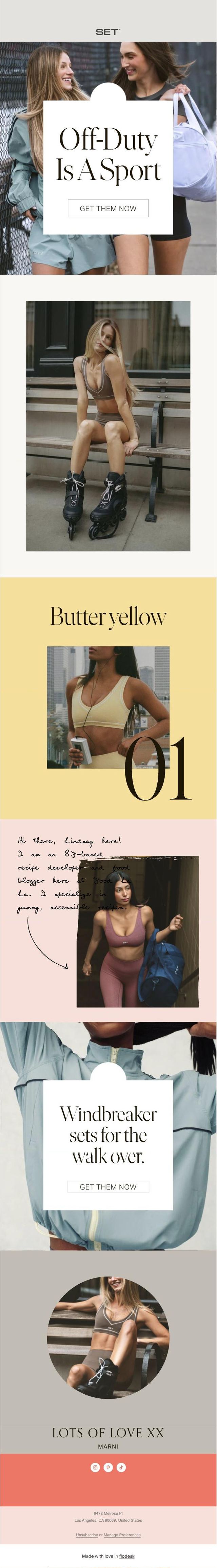 Email design with the headline Off-Duty Is A Sport, over a street photo of two models carrying a duffel bag