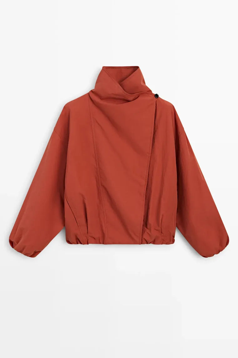 Terracotta short jacket with a wrapped funnel collar and gathered hem