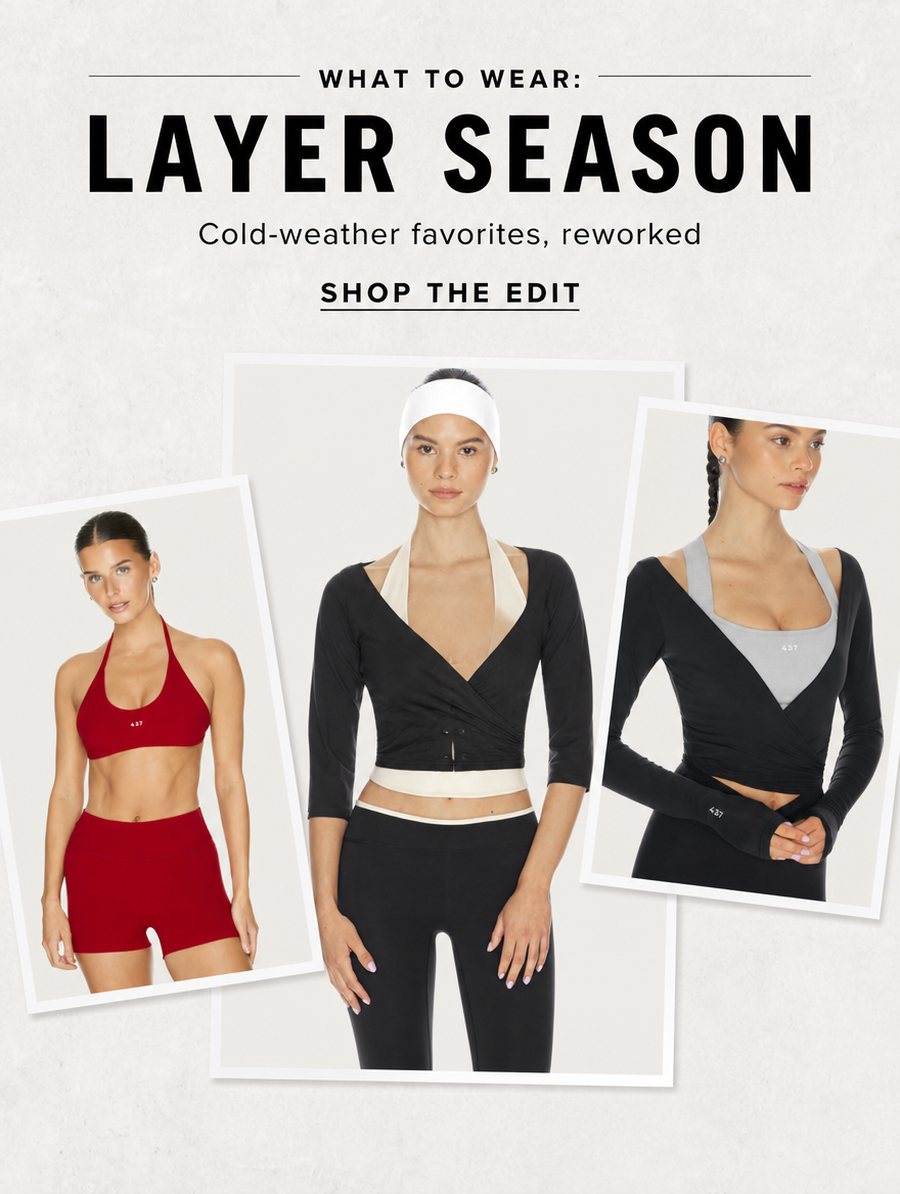 Email banner reading 'What to Wear, Layer Season' over a three-photo polaroid collage of a model in different activewear pieces