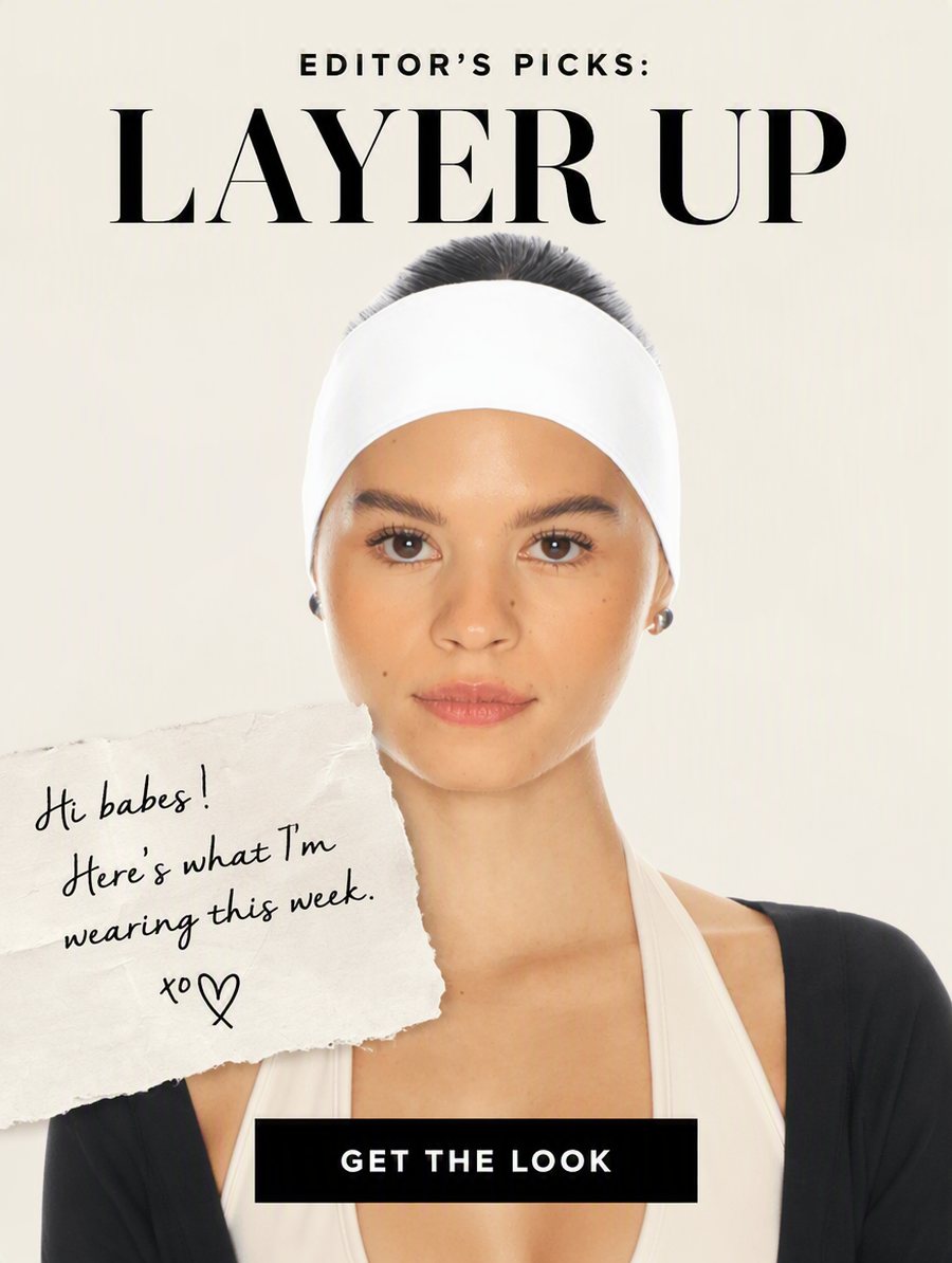 Email banner reading 'Editor's Picks, Layer Up' with a handwritten note card over a studio photo of a model in a black wrap top