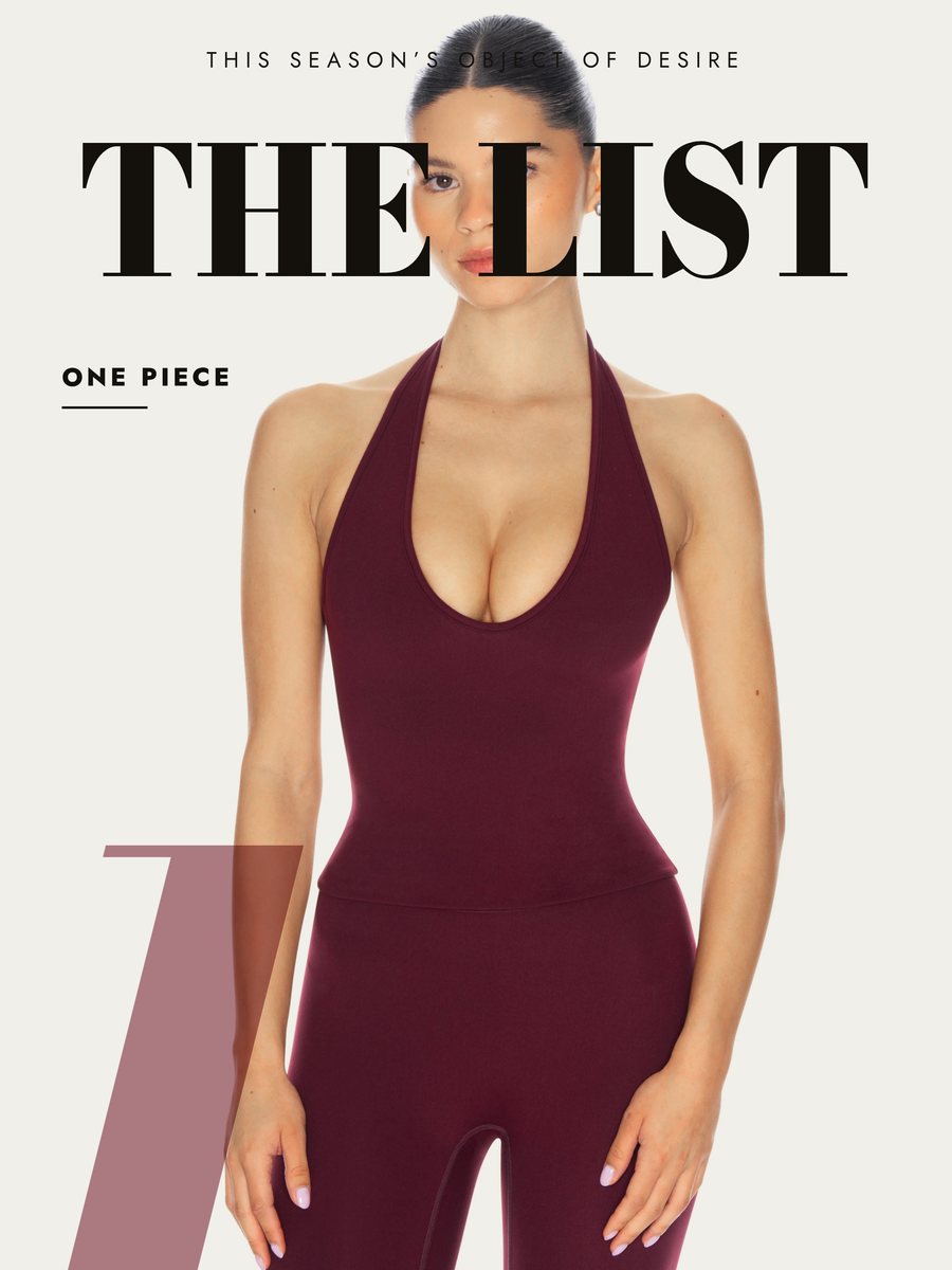 Email banner reading 'The List, One Piece' over a full-length studio photo of a model in a maroon halter bodysuit