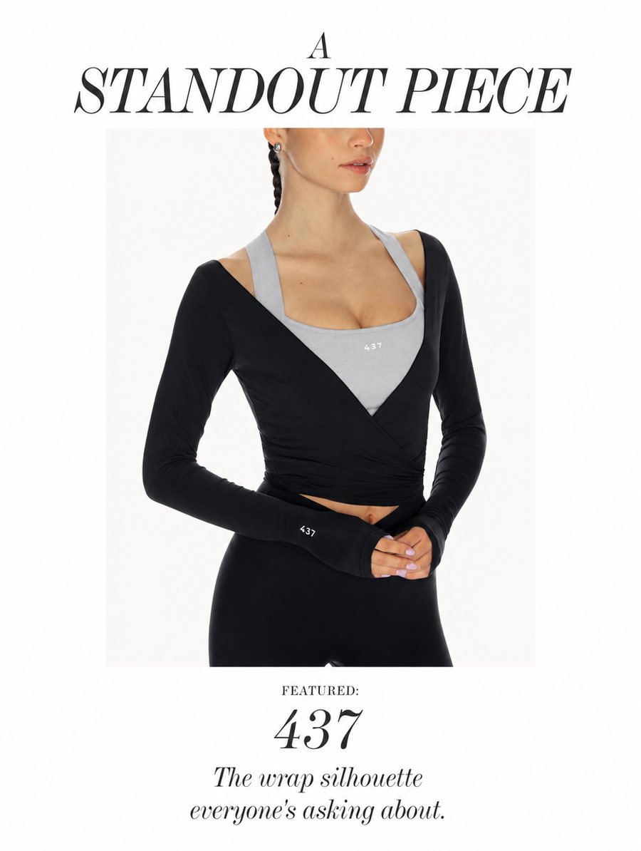 Email banner reading 'A Standout Piece, Featured 437' over a studio photo of a model in a black wrap top with a gray sports bra