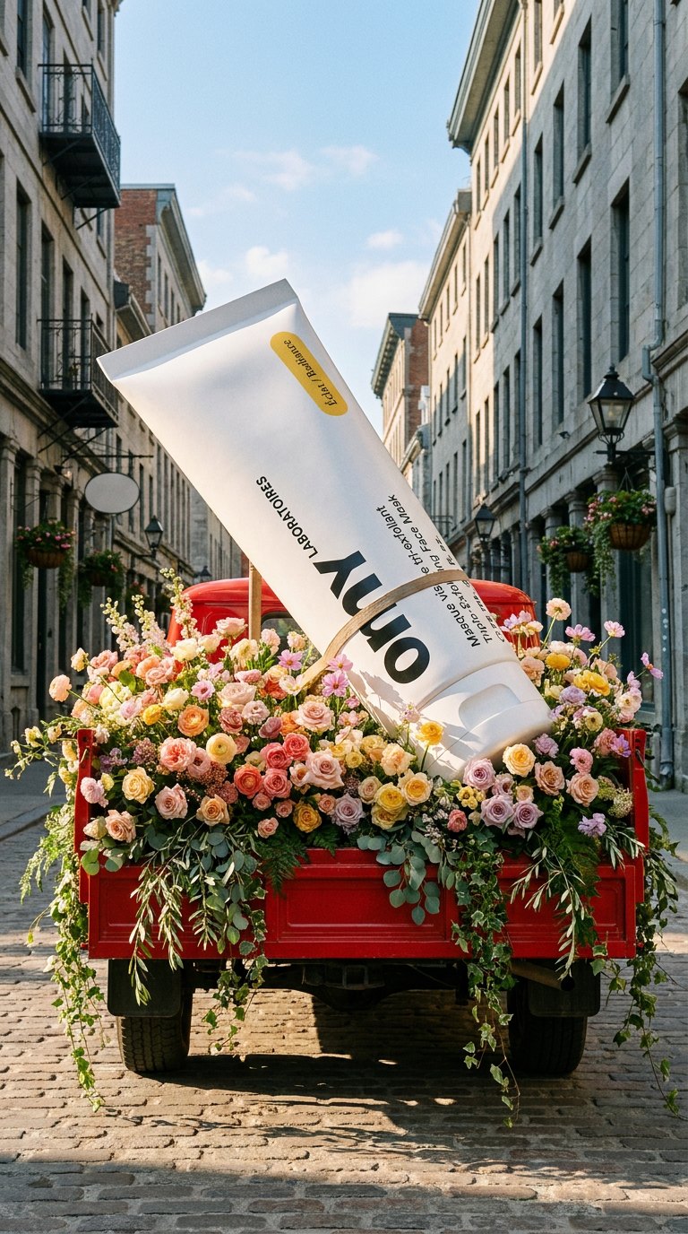The same skincare tube at several storeys tall, tilted on the back of a red truck packed with flowers, on a sunlit cobblestone street in Old Montreal