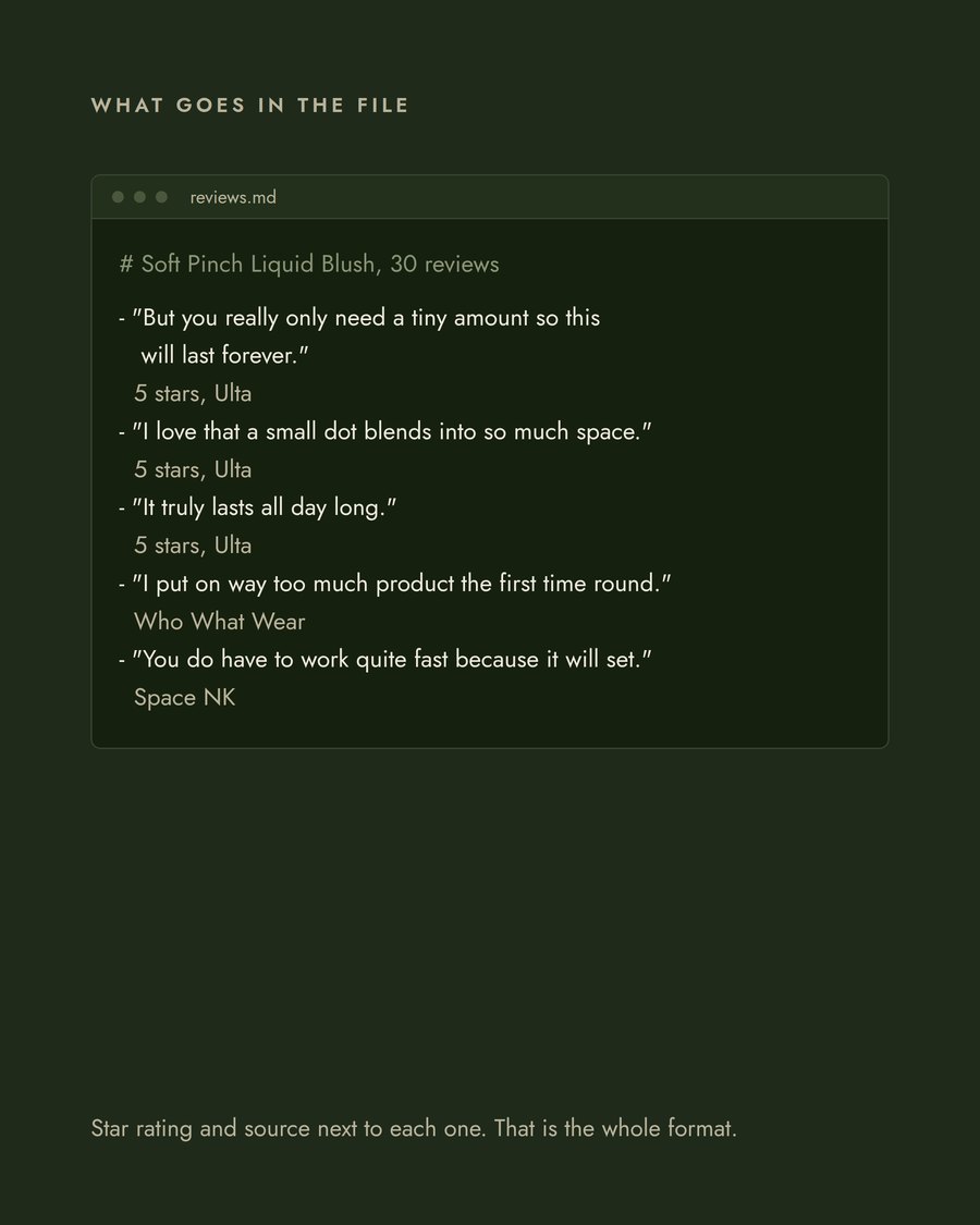 A plain text file of thirty customer reviews, each with its star rating and where it was posted