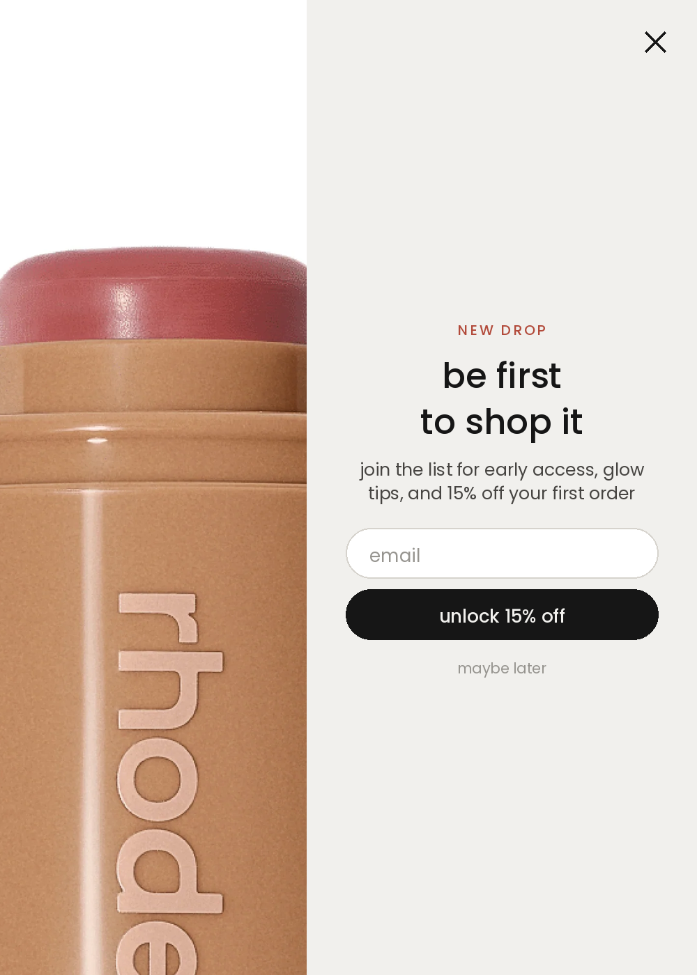 Sign-up pop-up in a split-screen layout with the photo on one side and the form on the other