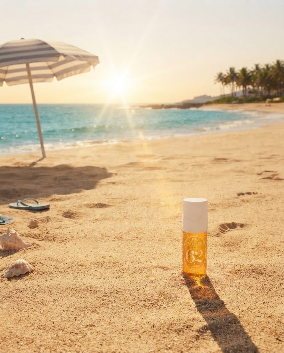 Editorial lifestyle scene with the product small in frame on sand
