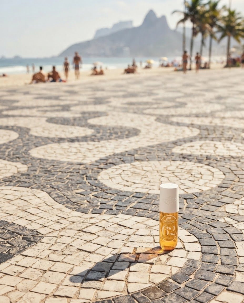 Editorial lifestyle scene with the product small in frame on a patterned boardwalk pavement