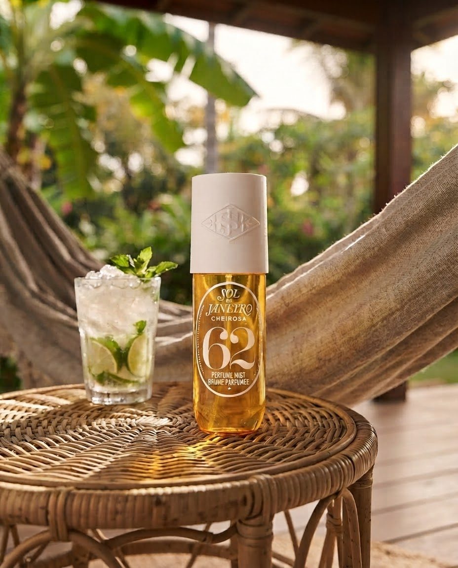 Editorial lifestyle scene with the product small in frame beside a hammock on a veranda