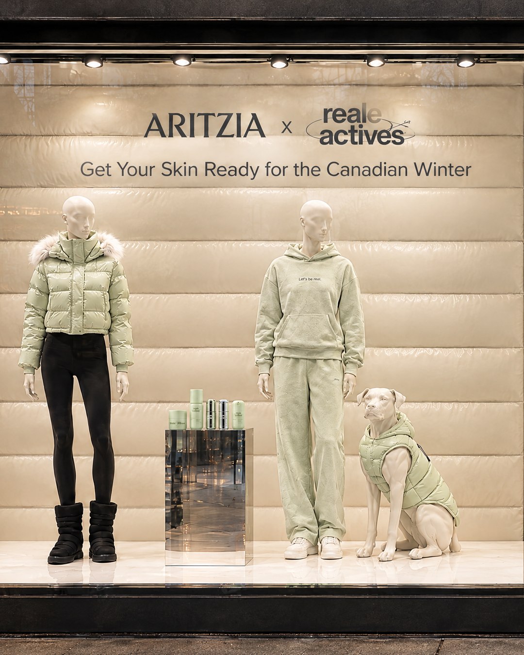 Two-slide storefront panorama. Imaginary AI-generated Aritzia x Reale Actives campaign.