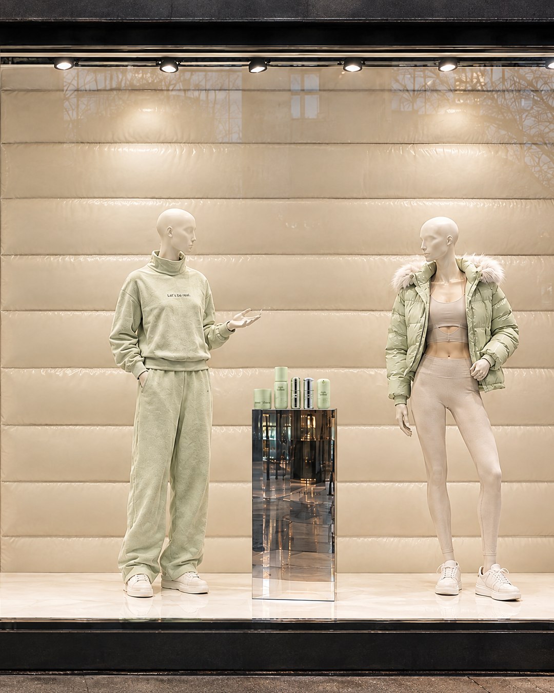 Two-slide storefront panorama. Imaginary AI-generated Aritzia x Reale Actives campaign.