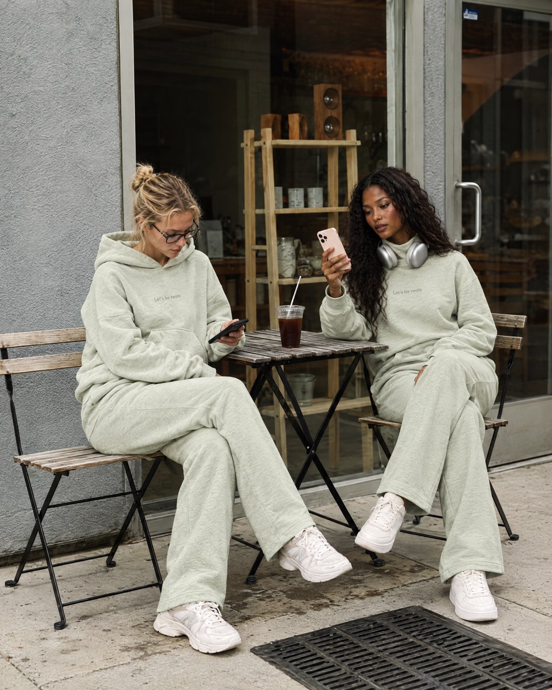 Friends at the café. Imaginary AI-generated Aritzia x Reale Actives campaign.