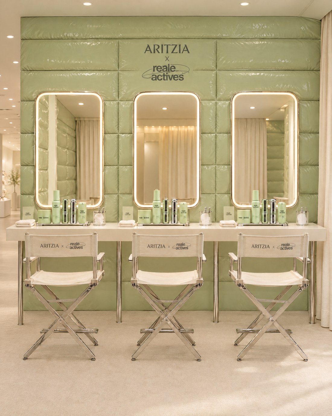 The skincare trial area. Imaginary AI-generated Aritzia x Reale Actives campaign.