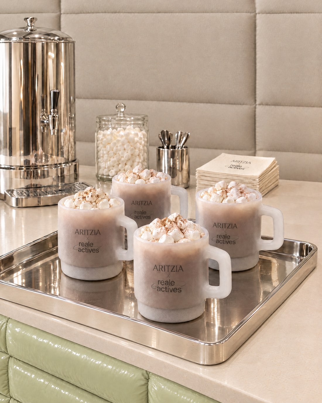 The hot-chocolate station. Imaginary AI-generated Aritzia x Reale Actives campaign.