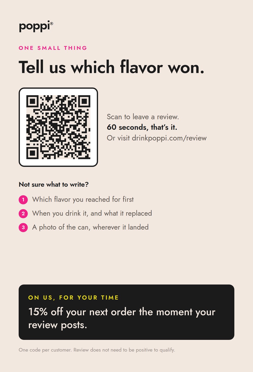 Back of the insert card, cream, with one ask reading tell us which flavor won, a QR code, three numbered prompt lines, and a black block at the bottom with the discount