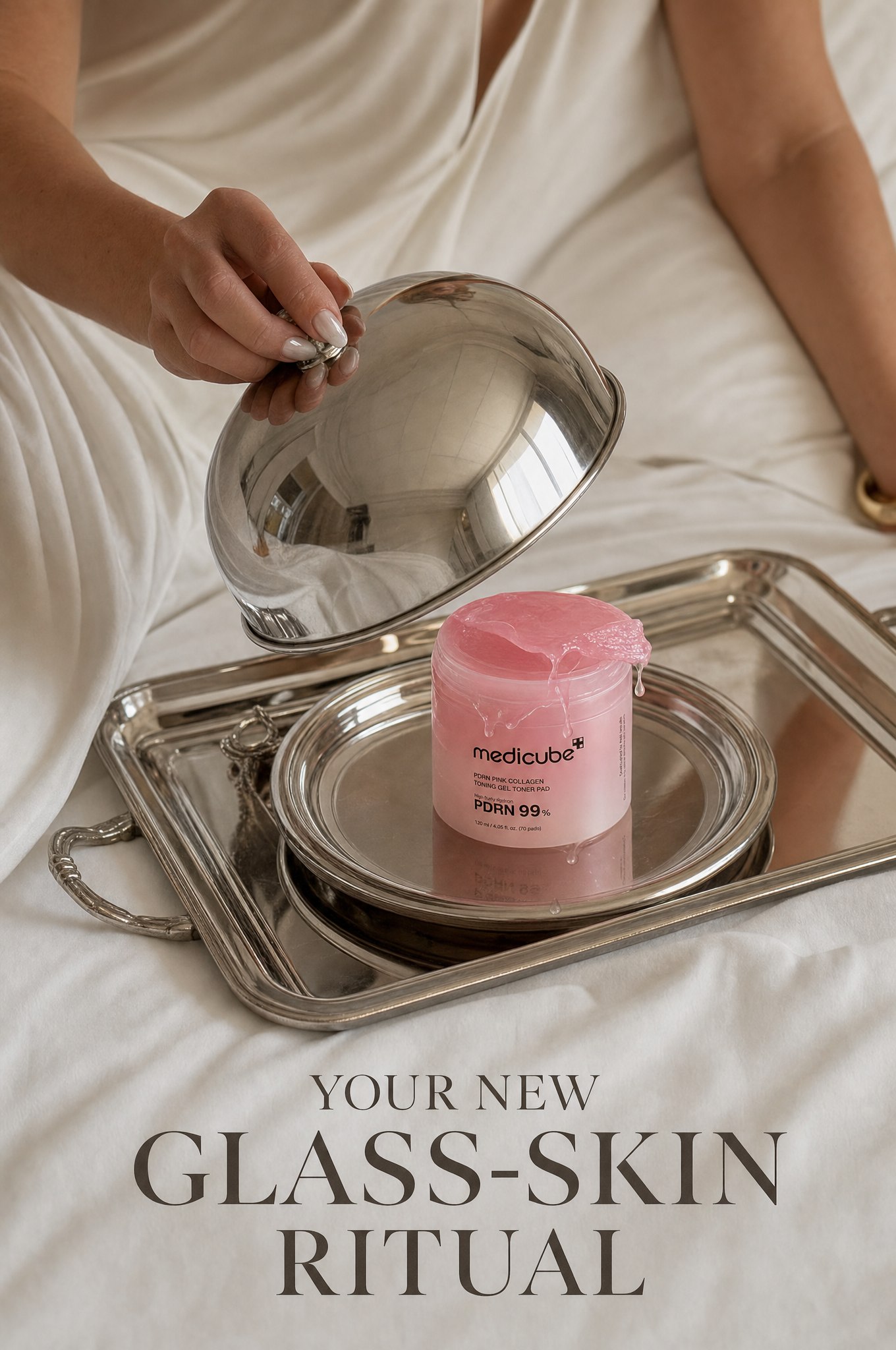 Finished Pinterest pin, tray reveal style, product revealed under a lifted silver cloche