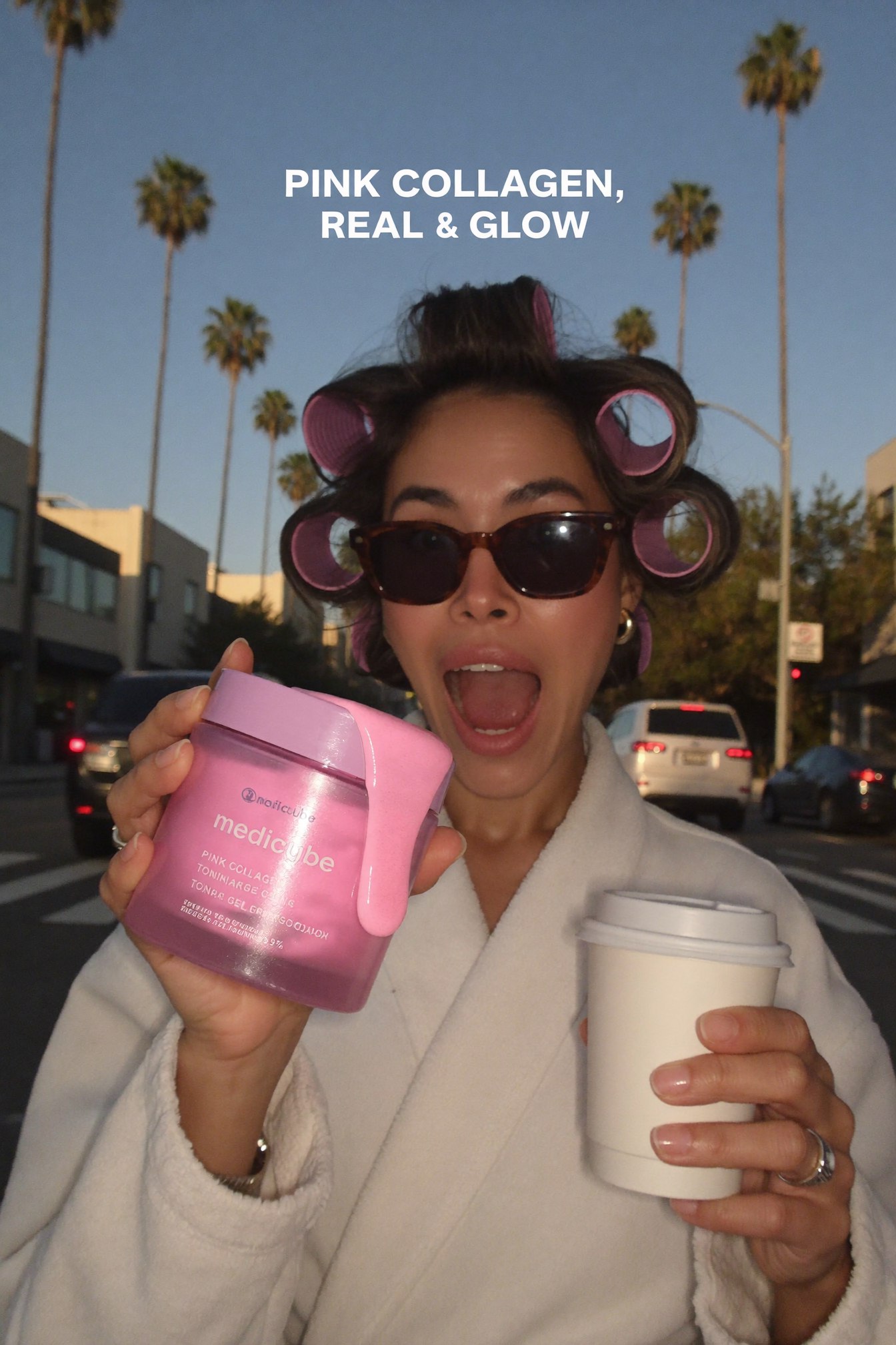 Finished Pinterest pin, candid lifestyle style, an AI model holding the product on a golden hour street