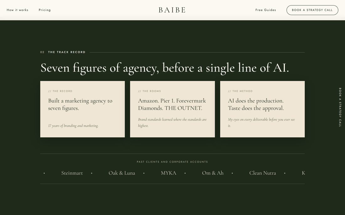 A dark green section of a landing page holding three cream cards and a scrolling row of past client names