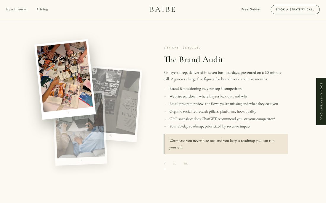 A landing page section showing three tilted polaroid photographs beside a numbered step with a heading and a list