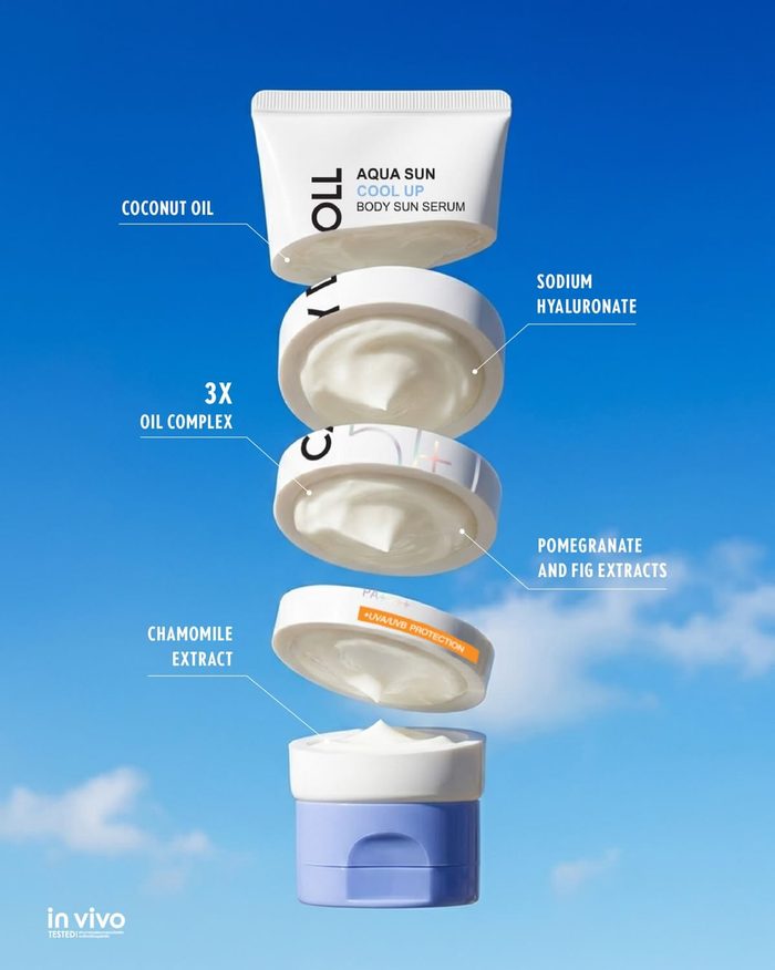 Reference image of a white sunscreen tube exploded into stacked slices against a blue sky with ingredient callout labels