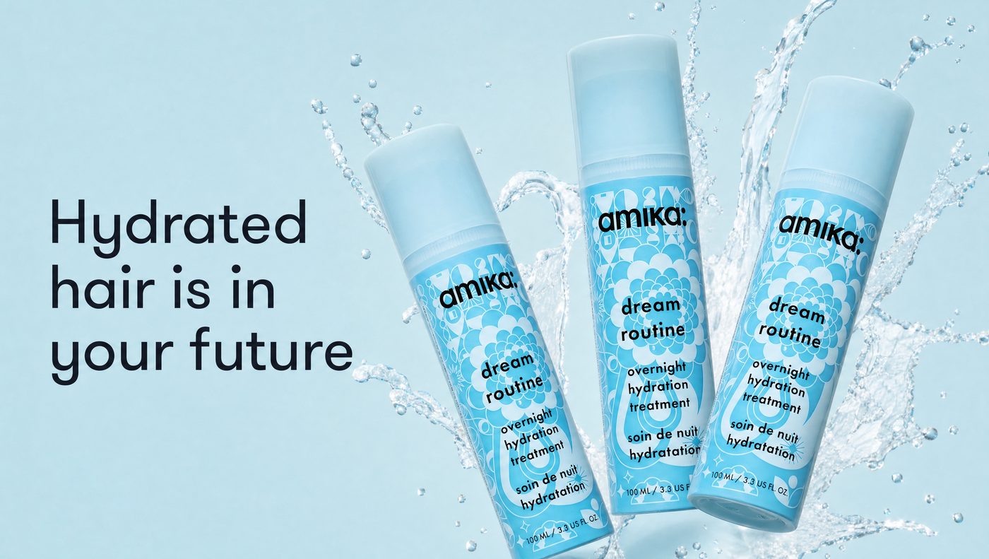 Wide website hero banner showing three light blue haircare bottles tilted at different angles with frozen water splashes on a pale blue background, headline reading Hydrated hair is in your future